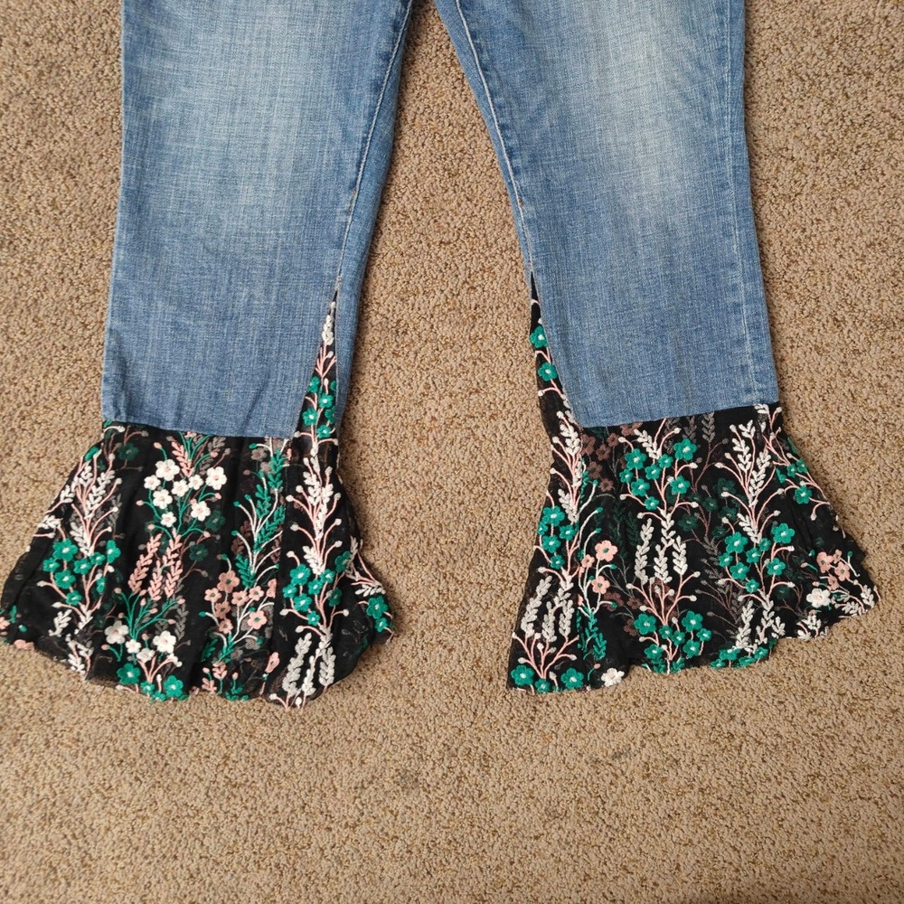 Pilcro And The Letterpress Pants Womens 31 Blue Flare Floral‎ Embroidered Unique - Picture 3 of 14